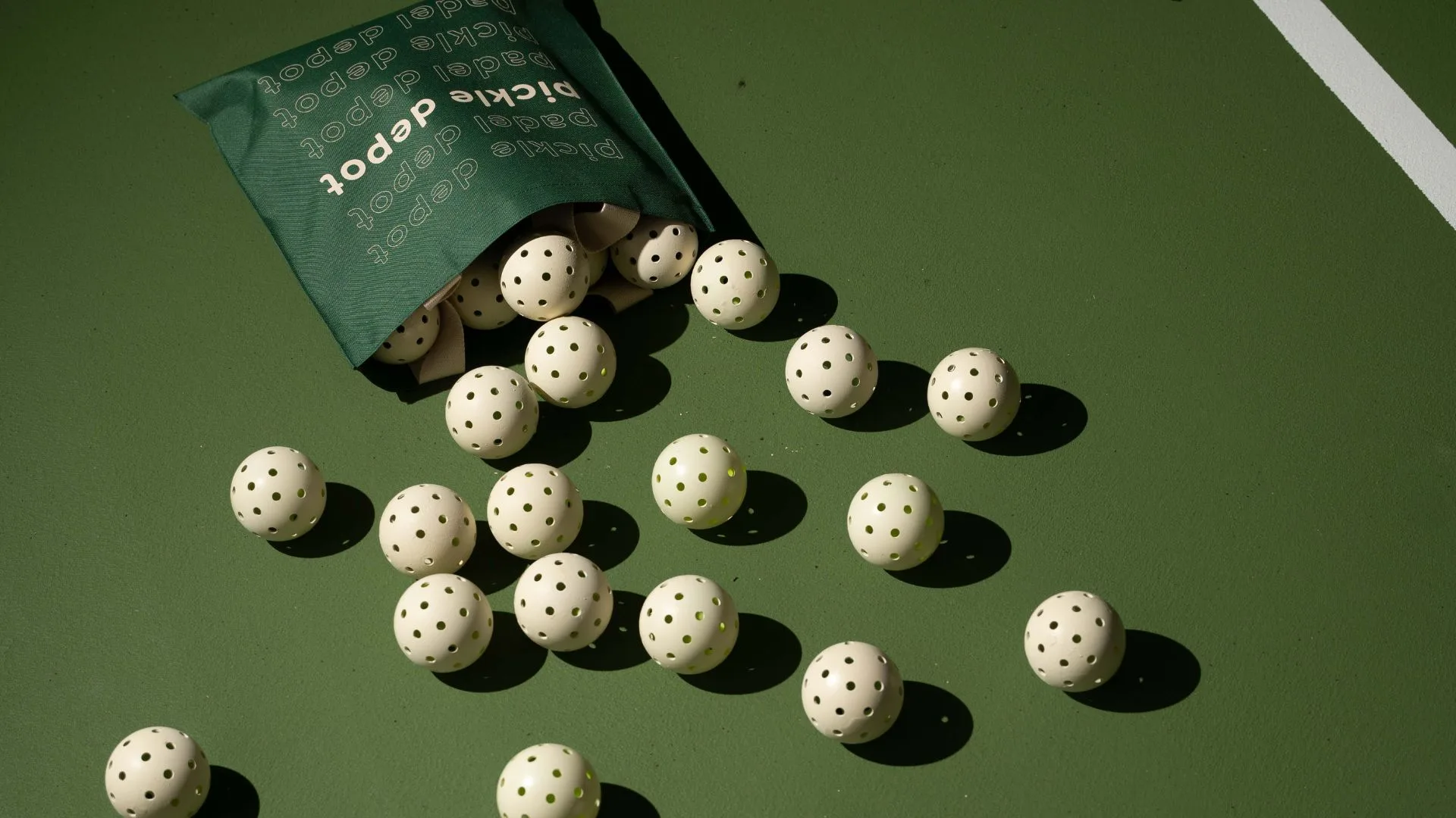 Pickle Depot ball bag and pickleballs on the court