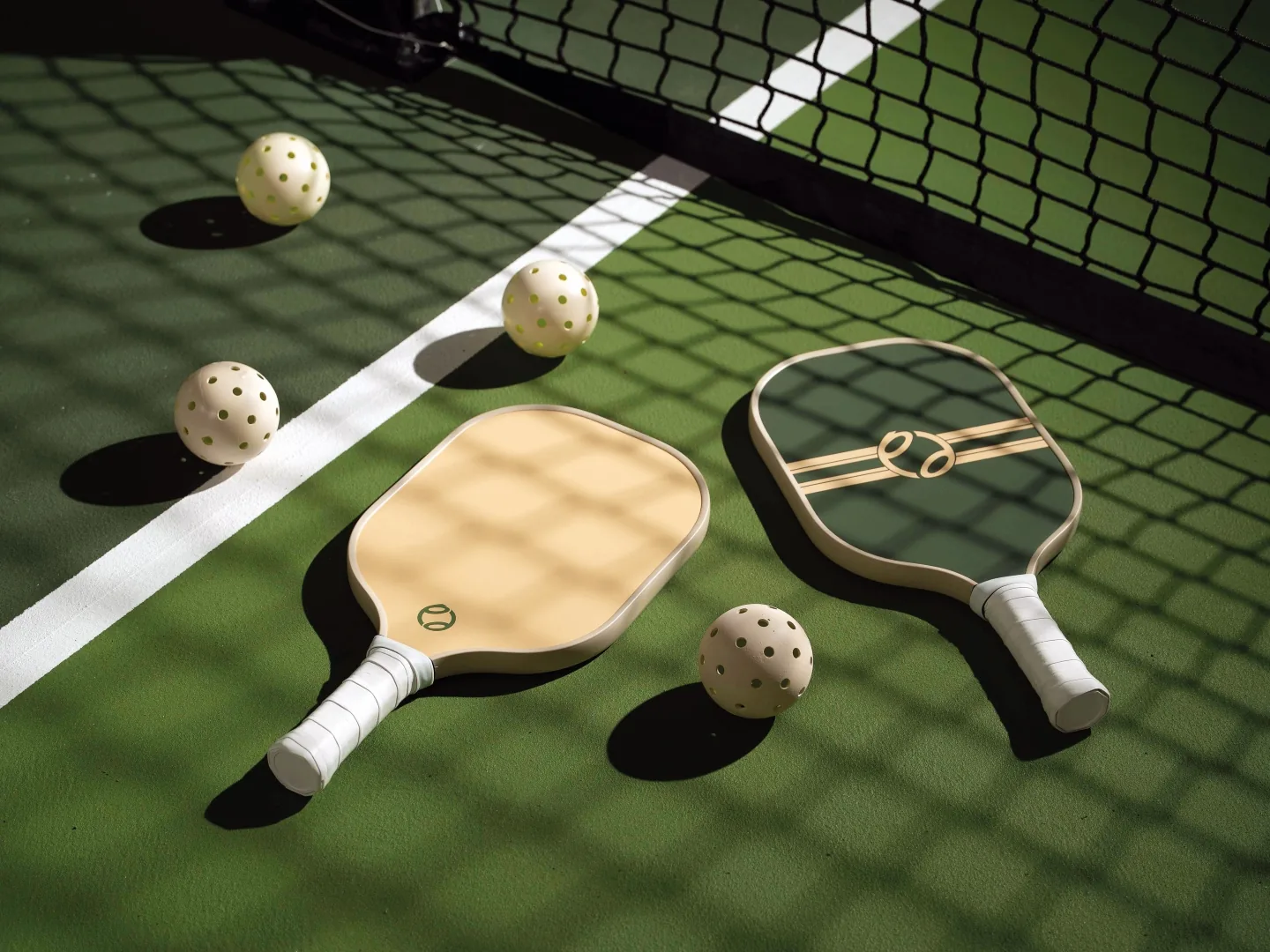 Pickleball paddles and balls on a PickleDepot court